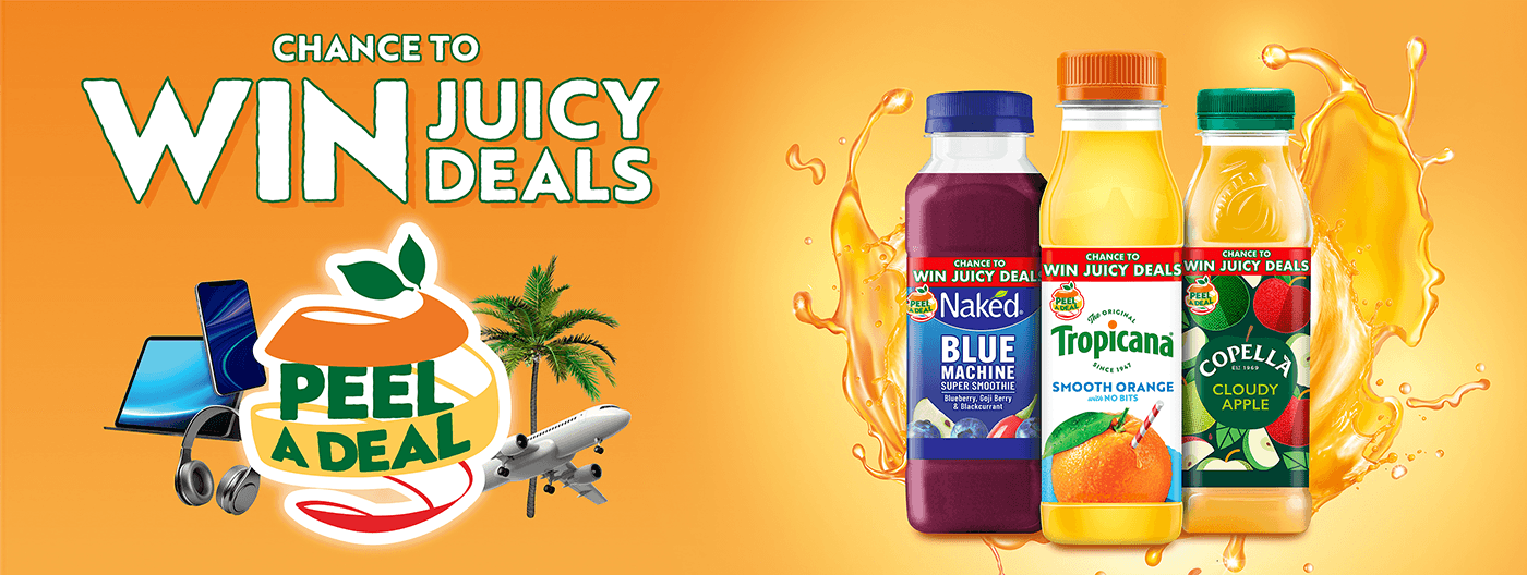 Peel a deal header. Chance to win jucy deals. Peel a deal.